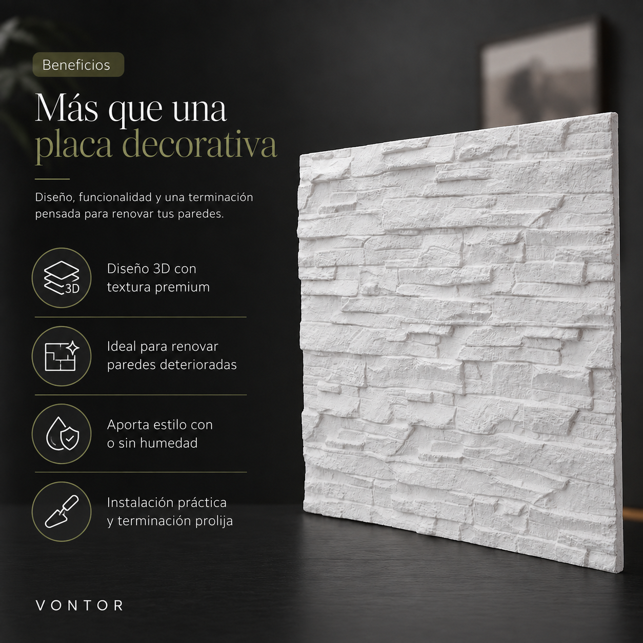 Placa Antihumedad 3D Pizarra 40x35x2 cm | VONTOR